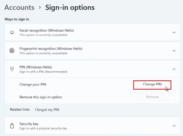 2. Modifier Le Code Pin Dans Windows 11 (Pour Les Utilisateurs Connaissant Le Code Pin Actuel)