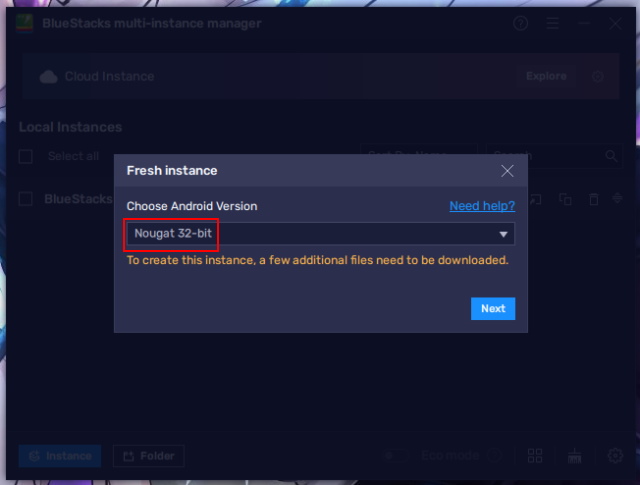 32-bit nougat emulator instance bluestacks