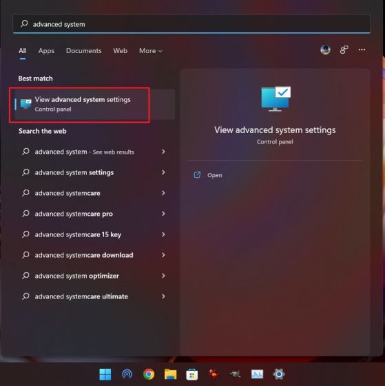 open advanced system settings in windows 11