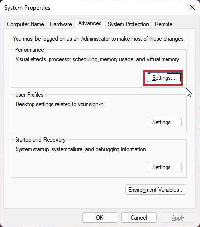 open settings page of virtual memory