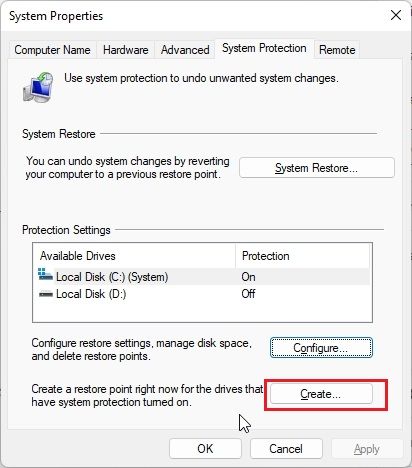 Create a System Restore Point in Windows 11