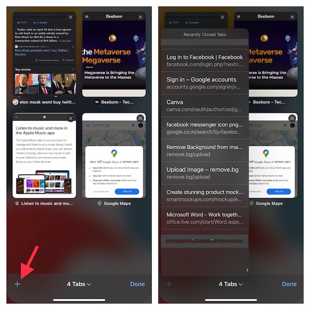 Access Recently closed tabs in Safari on iPhone and iPad