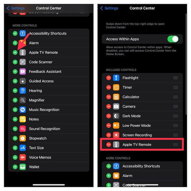 Add Apple TV Remote to control center on iPhone and iPad
