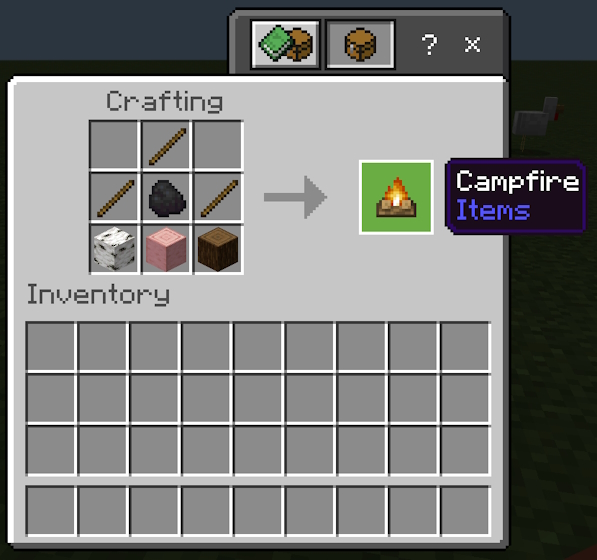 Regular campfire crafting recipe in Minecraft