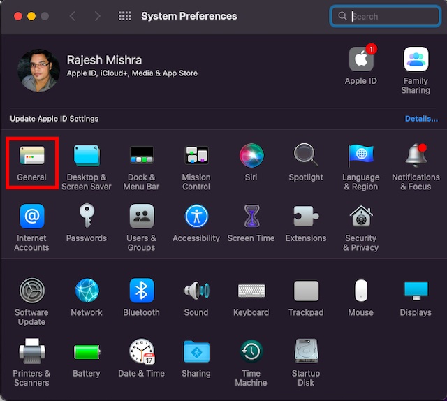 Choose General in System Preferences on Mac