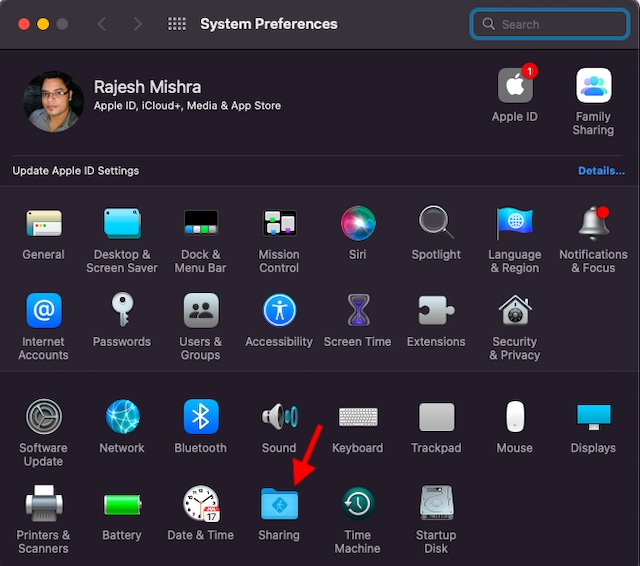 Choose Sharing in System Preferences