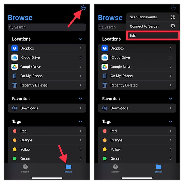 Edit menu in Apple Files app