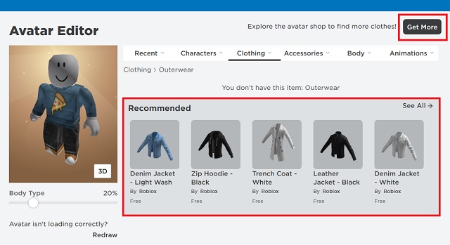 Empty clothing options Roblox Avatar Editor