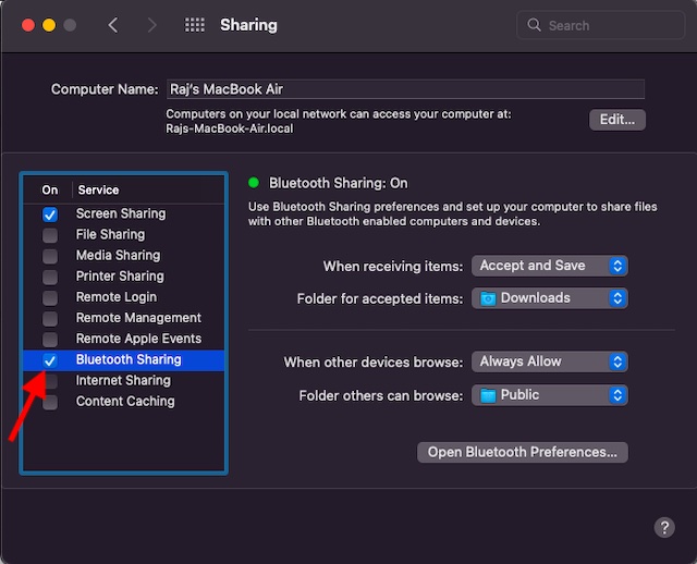 Enable Bluetooth Sharing on Ma