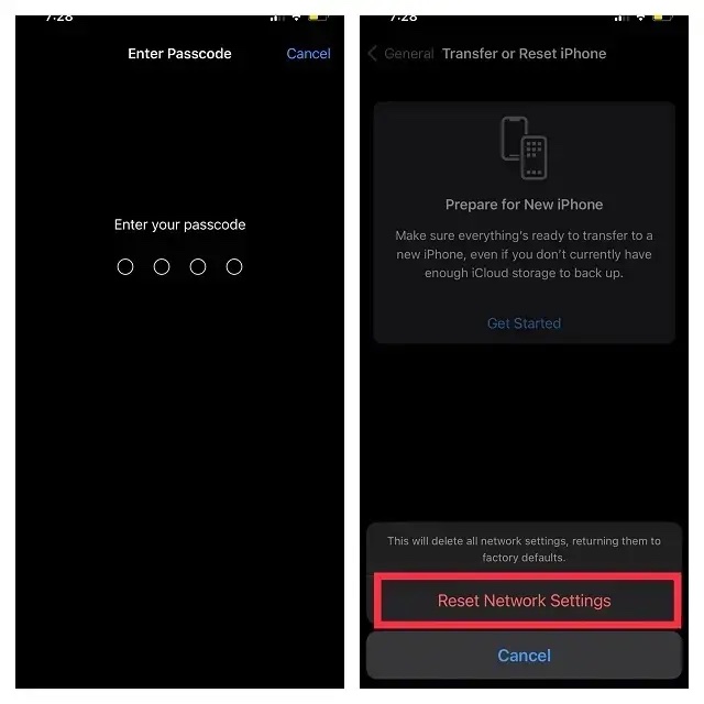 Enter your device passcode to reset network settings on iPhone and iPad