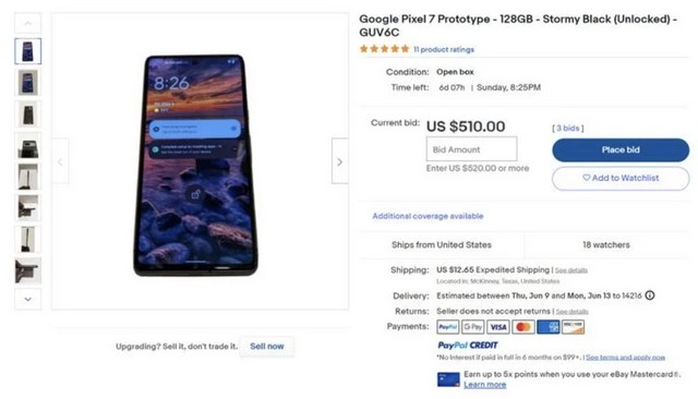 Listagem de protótipos do Pixel 7 no ebay