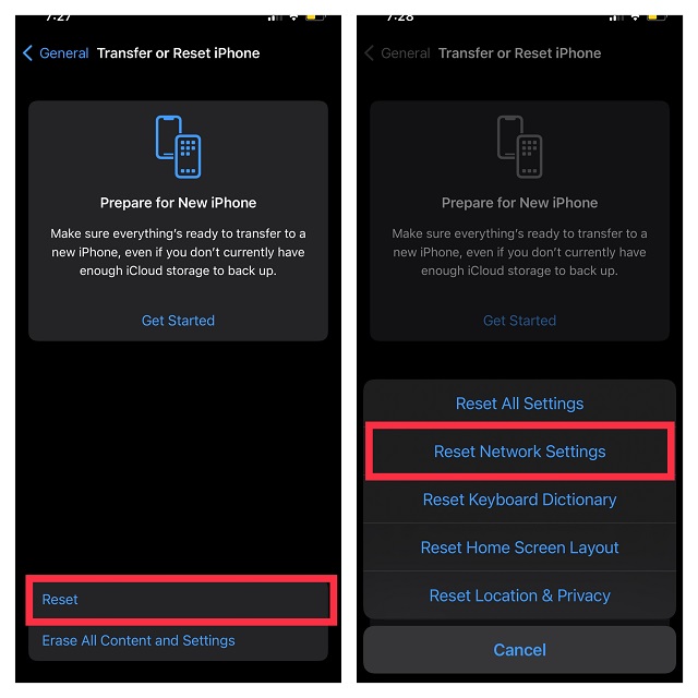 Tap Reset and select Reset Network Settings