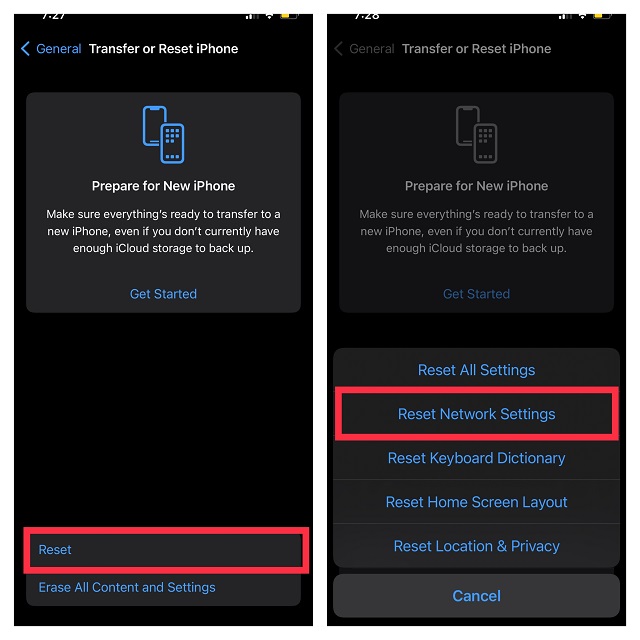 Tap Reset and choose Reset Network Settings