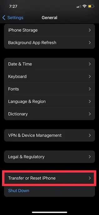 Tap Transfer or Reset iPhone or iPad