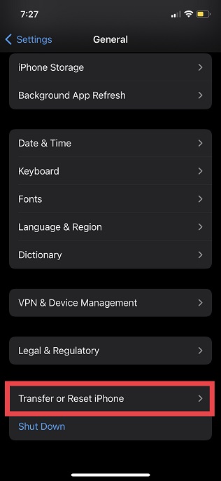 Tap Transfer or Reset iPhone