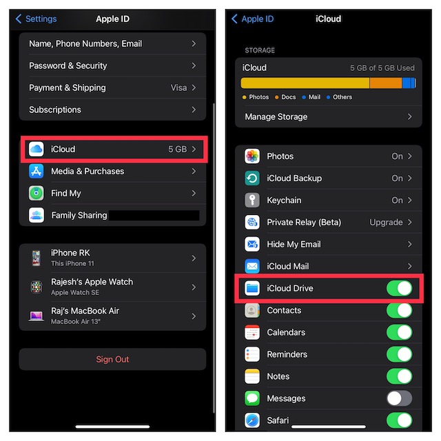 Turn off or on iCloud Drive on iOS