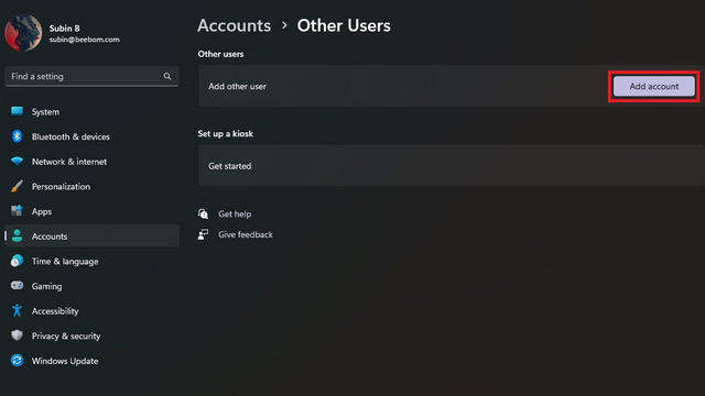 add new account from settings