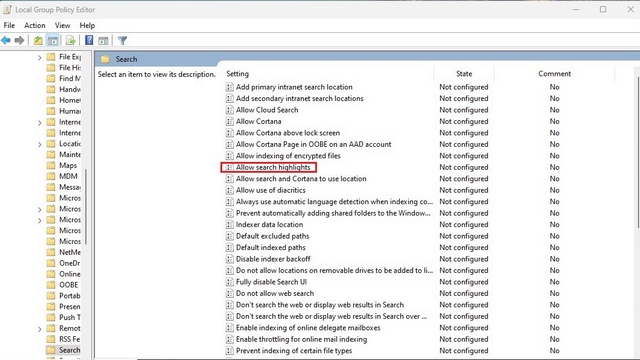 allow search highlights group policy editor