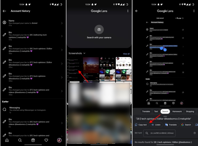 copy instagram bio using google lens
