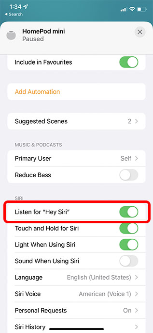 enable hey siri toggle in homepod settings