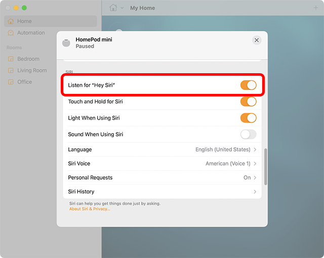 enable listening to hey siri function on homepod using mac home app