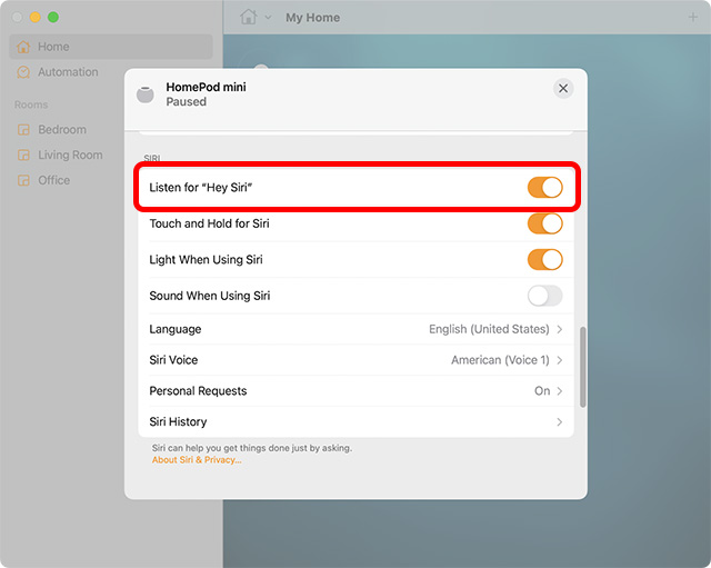 Activer L'Écoute De La Fonction Hey Siri Sur Homepod À L'Aide De L'Application Mac Home