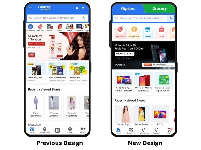 Interface de usuário do aplicativo Flipkart renovada com uma seção de compras dedicada 1 aplicativo flipkart design novo e antigo