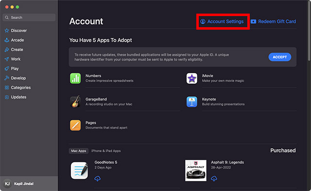 go to account settings in mac