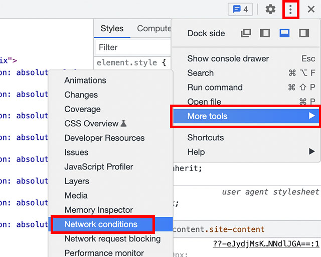 go to network conditions menu in the developer console in chrome