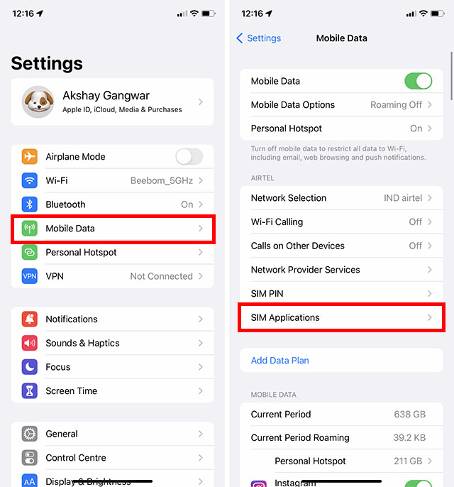 mobile data settings go to sim application in iphone