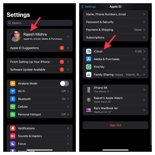 iCloud setting on iPhone and iPad