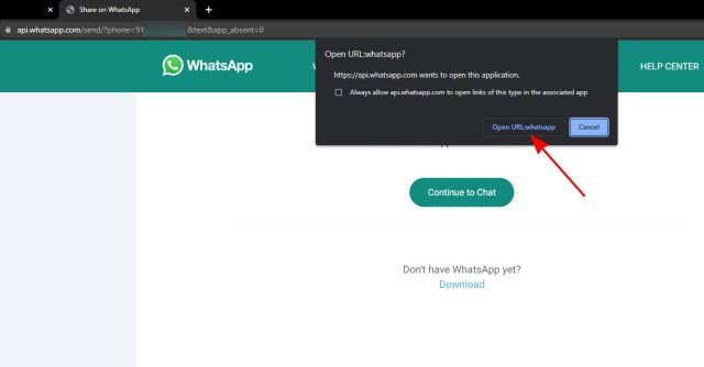 open whatsapp desktop to send message to unsaved number