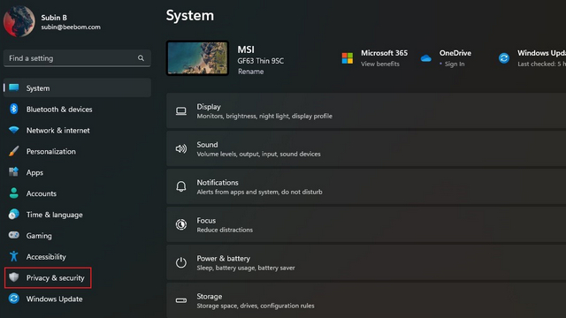 privacy and security settings windows 11