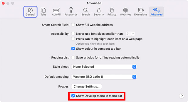 safari advanced preferences enable developer options