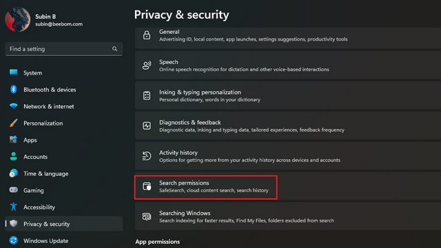 search permissions settings