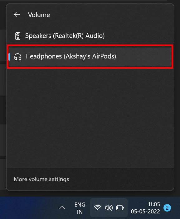 selecione airpods como saída de áudio no windows 11