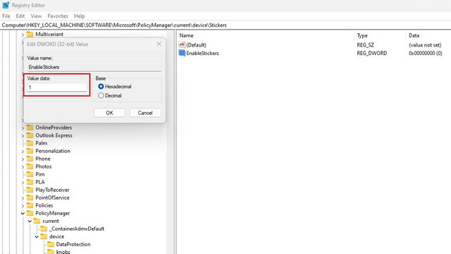 set enablestickers value to 1 to enable Windows 11 desktop sticker