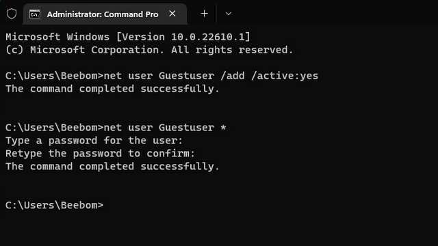 set password for new account cmd