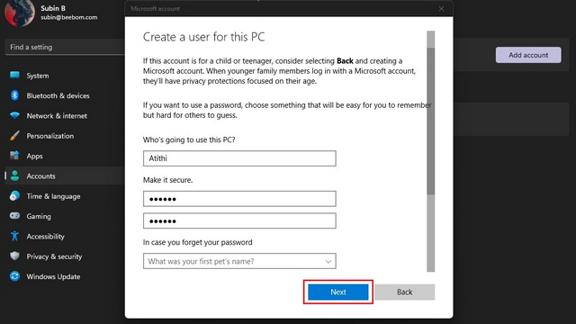 set username password and security question