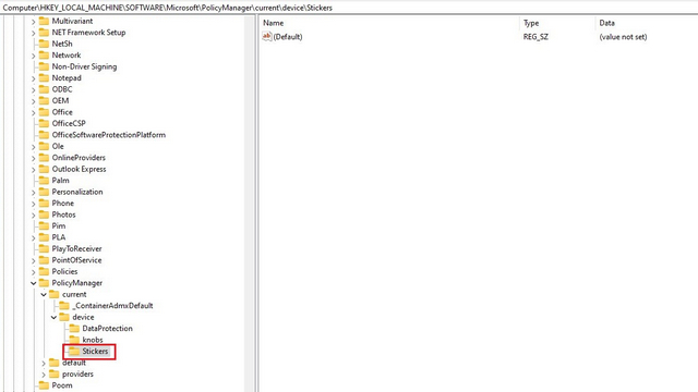 stickers key on registry editor