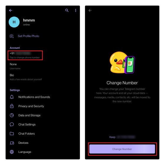 tap to change phone number telegram