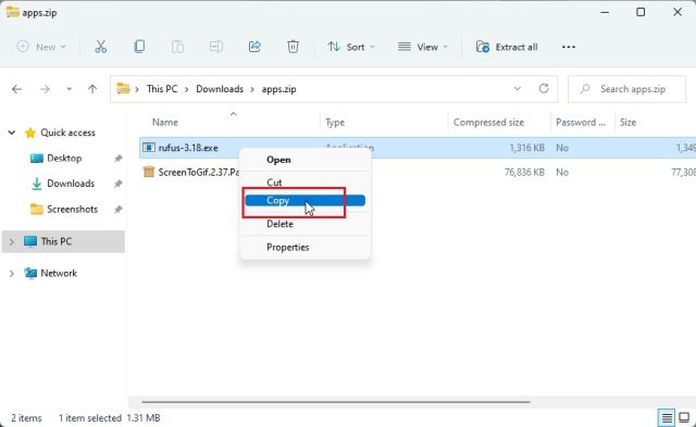 1. Unzip soubory v systému Windows 11 pomocí průzkumníka souborů