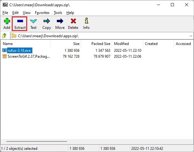 2. I file di decomposizione in Windows 11 utilizzando 7-zip