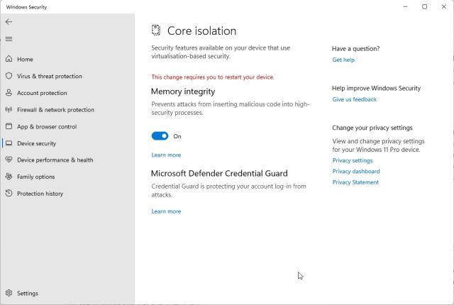 24. core isolation is turned on by default