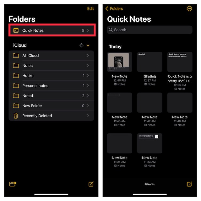 Access Quick Notes in Apple Notes app on iPhone