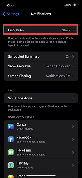 Display As option