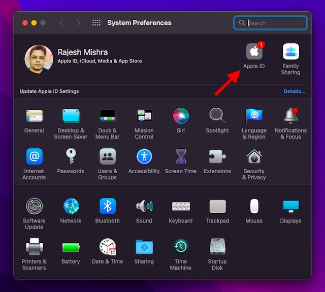 Click Apple ID in System Preferences on Mac