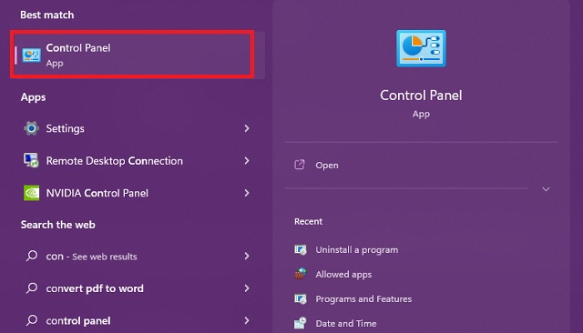 Control Panel in Start Menu