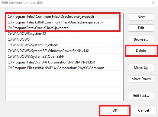 Deleting Javapaths