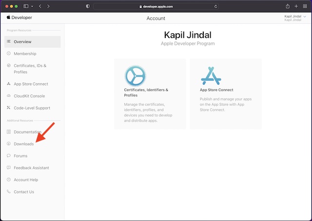 Registerkarte „Downloads“ Auf Der Apple Developer-Website